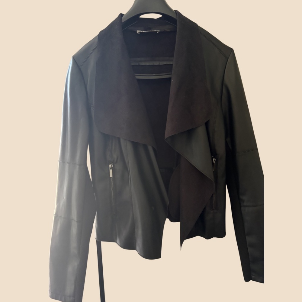 Bagatelle Faux Leather Draped Open Front Jacket Black Medium